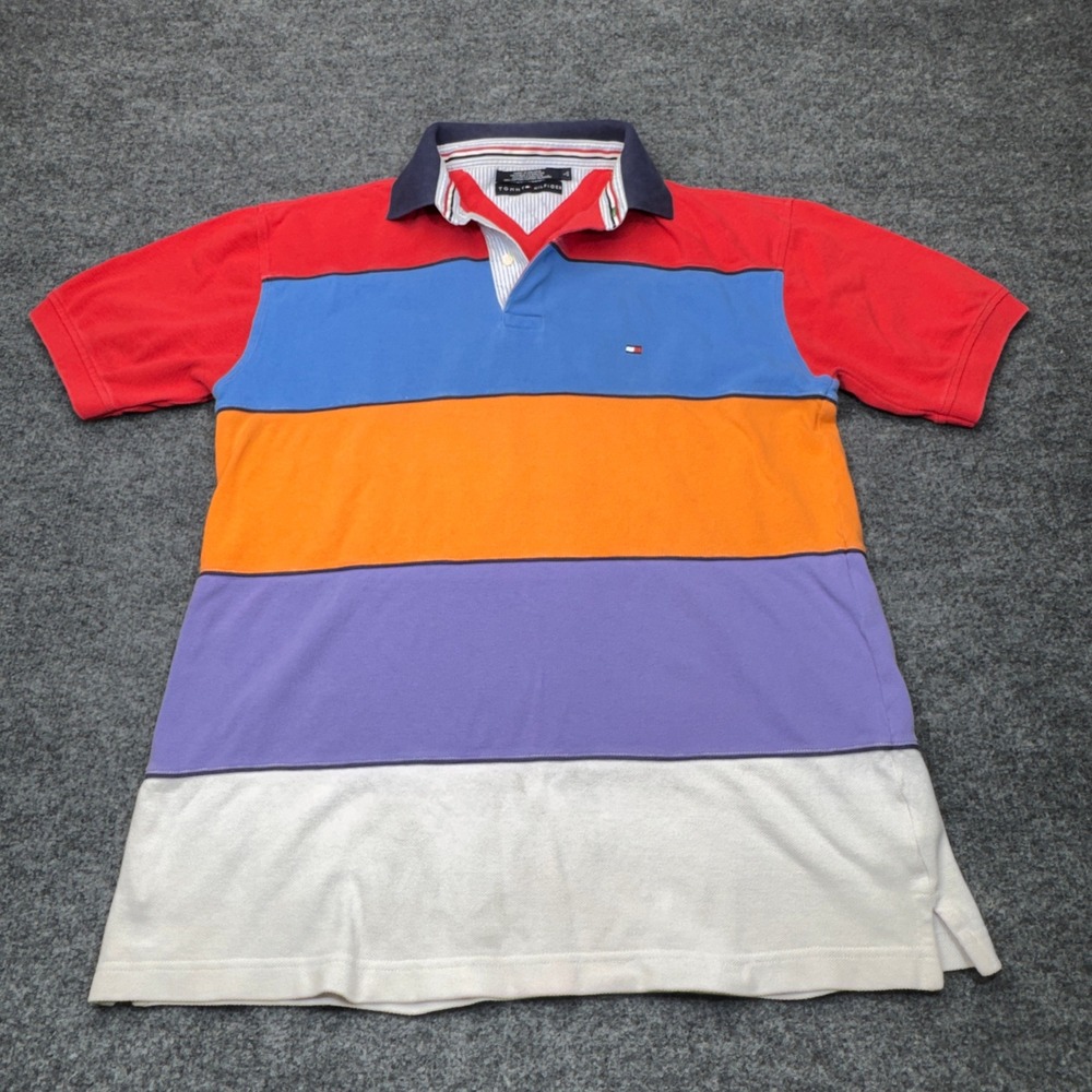 Tommy Hilfiger Polo Shirt Mens Large Red Colorblock Pique Rugby Short Sleeve